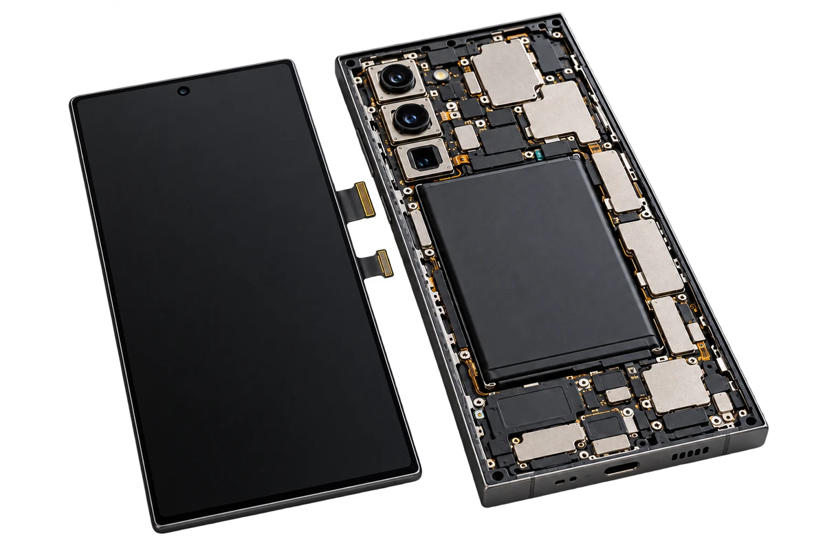 Immagine illustrativa di uno smartphone Android aperto, con display separato e batteria visibile per la riparazione