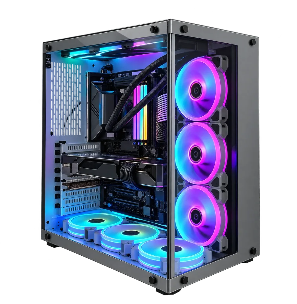 Illustrazione del case gaming Alexino con vetro e ventole LED