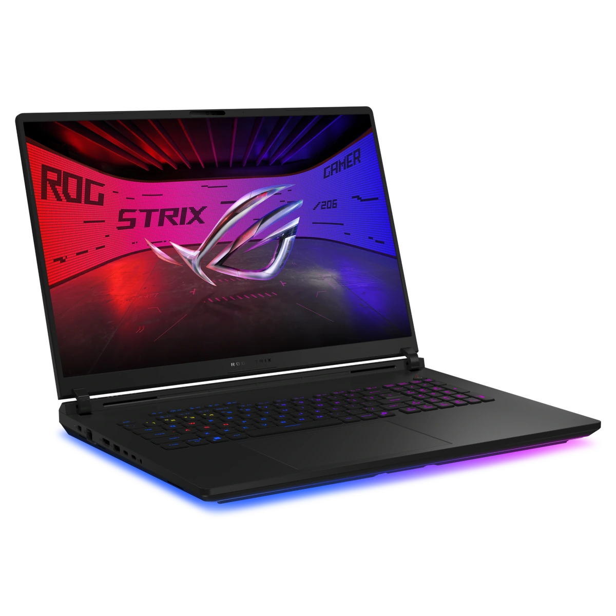 ASUS ROG Strix SCAR 18 del 2026: portatile gaming con tastiera RGB e fascia luminosa, visto di tre quarti